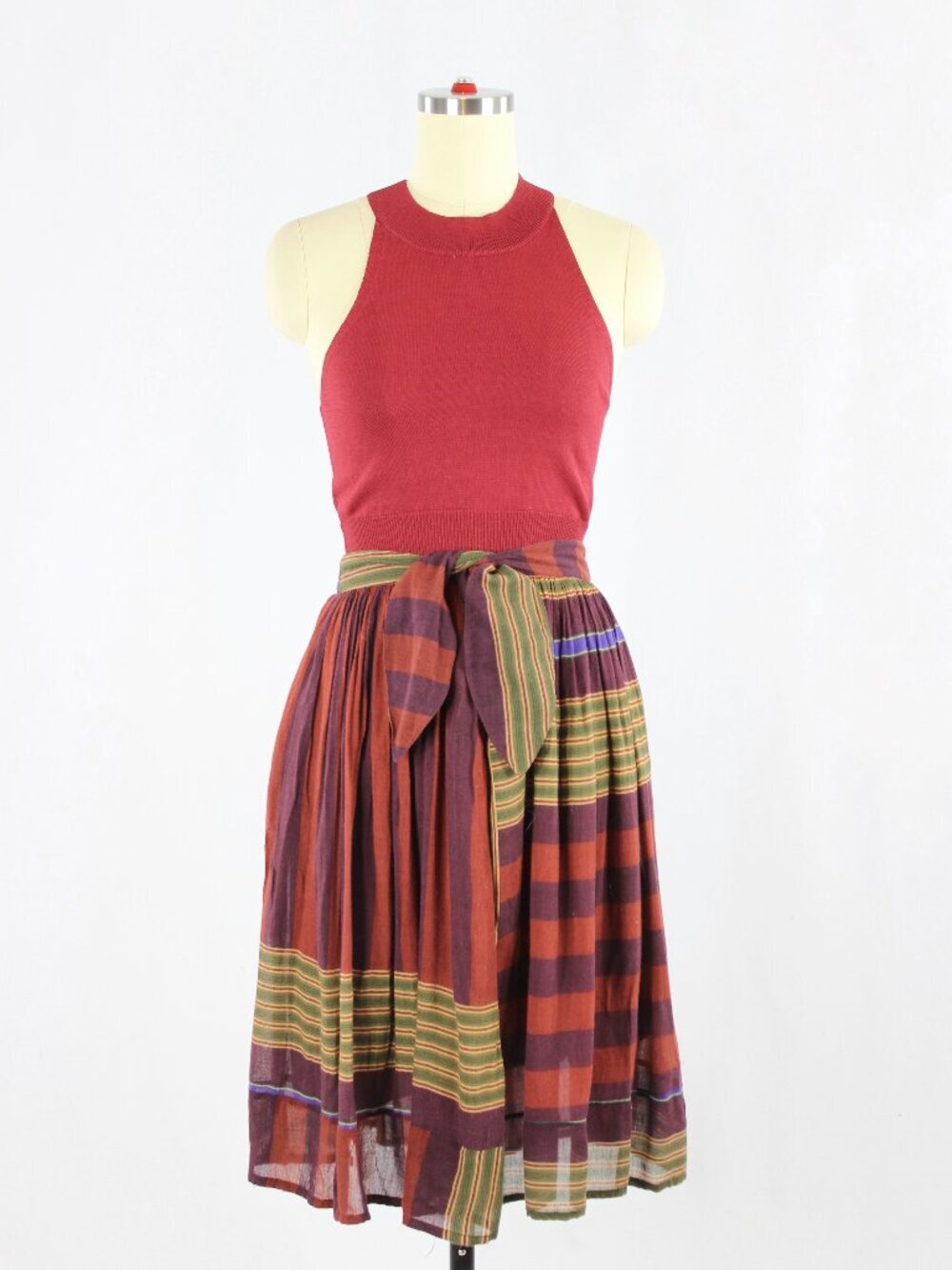 KENZO Maroon Purple Striped Wool Blend Gauze Front Tie A-Line Skirt, Size 36/S